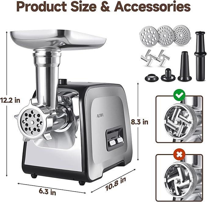 ALTRA LIFE Electric Meat Grinder, 2800W Max Sausage Stuffer with 2 Blades, 3 Plates, Sausage Tube & Kubbe Kit for Home use, Built-in Storage