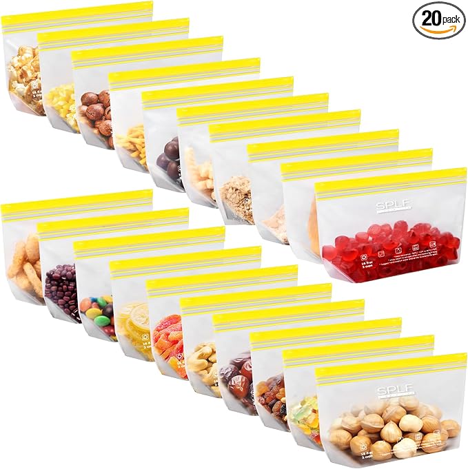 SPLF 20 Pack Reusable Snack Bags Dishwasher Microwave Safe | BPA Free Extra Thick Leakproof Reusable Food Storage Bags Silicone Free Snack Pouch Freezer Bags Fridge Organization
