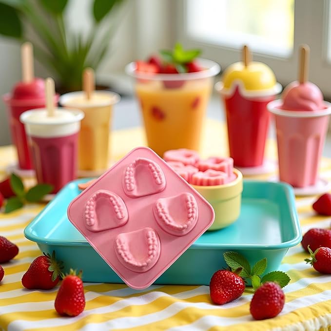 2Pcs Pink 4 Hole Denture Teeth Shaped Ice Cube Mold Silicone Ice Tray DIY Ice Cream Funny Gag Gift For Dentist Seniors Ice Tray Molds, Ice Cube Molds and Trays
