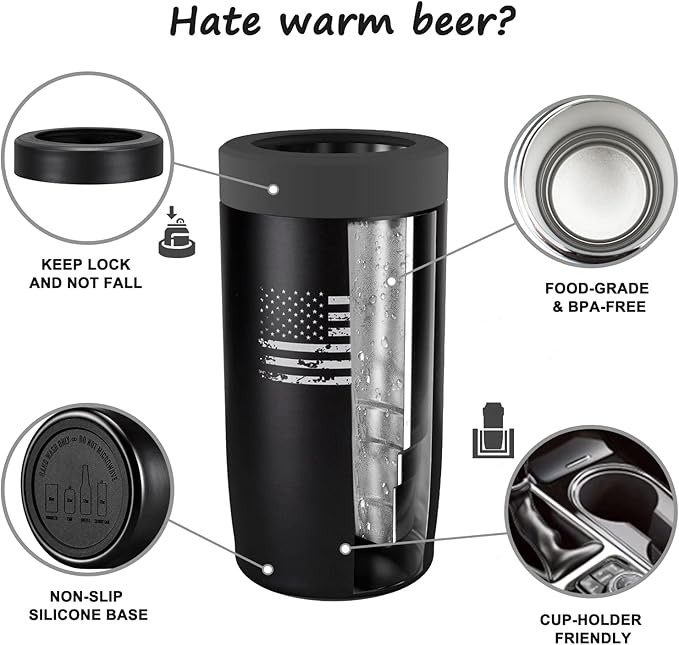 4-in-1 Slim Can Cooler Easy to Hold Insulated Beer Can Holder Double-walled Stainless Steel for All 12 Oz Cans (Black America Flag)