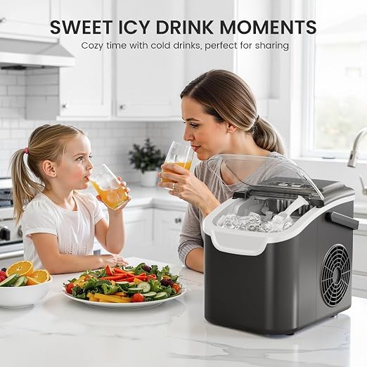 Crzoe Ice Makers Countertop with Handle, 2 Sizes of Ice, 8 Bullet Ice Cubes in 6 Mins, 26Lbs/24H, Portable Ice Maker with Self-Cleaning, Ice Machine for Home&Kitchen&Office&Party