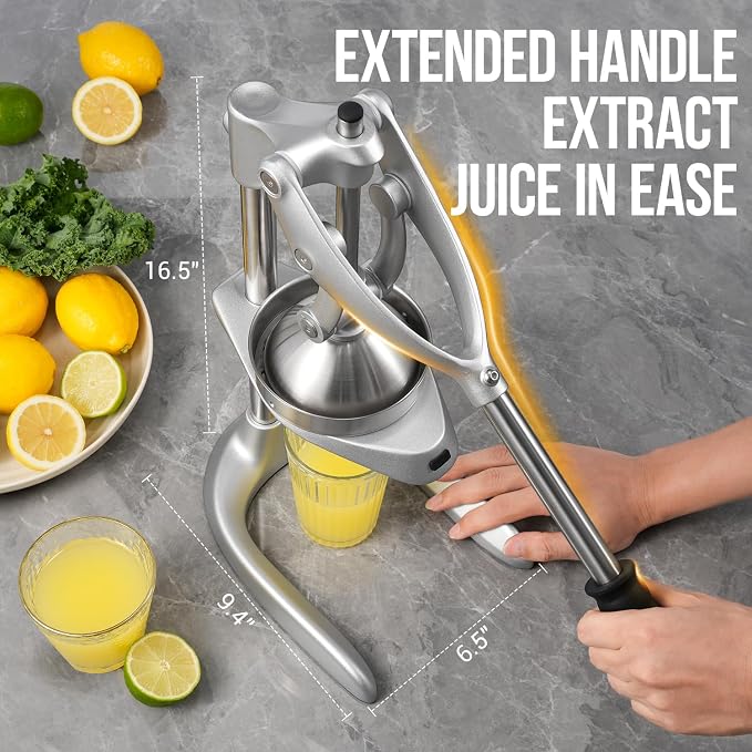 Manual Juicer, Easy to Use, Stainless Steel Juice Press for Citrus Fruits | Extended Handle, Max Extraction, Dishwasher Safe, Extra-Large, Squeeze Multi-Fruits, Ideal for Home, Travel, Commercial Use