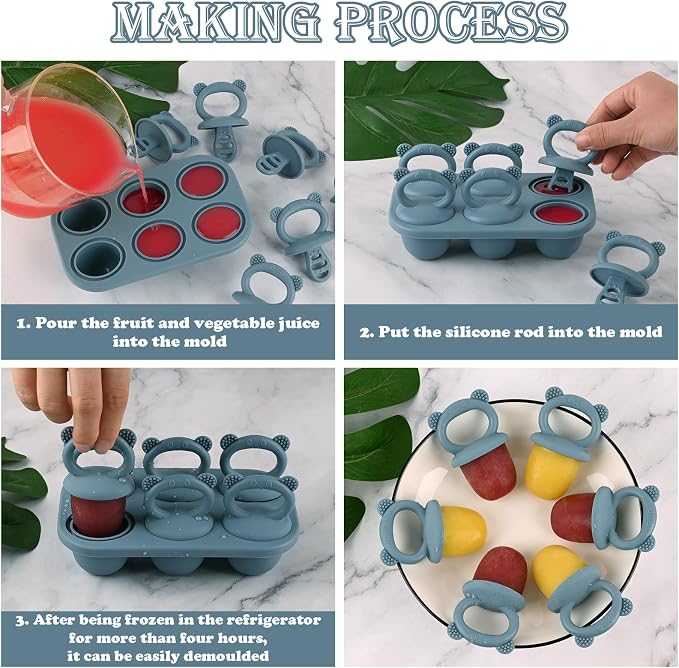 BokingOne Silicone Popsicle Molds, 6-Cavity Breastmilk Ice Pop Molds, Mini Frozen Pop Tray Molds for Baby Teething Relief Toddler Feeding Matte Blue
