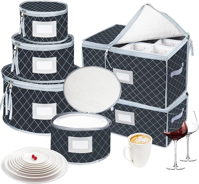 China Dinnerware Storage Containers Set- Dish,Mug,Stemware Storage Cases - Quilted Box Bins Stackable with Divider,handles,Clear Window for Cups,Plates,Wine Glasses Moving Set of 6 (Grey