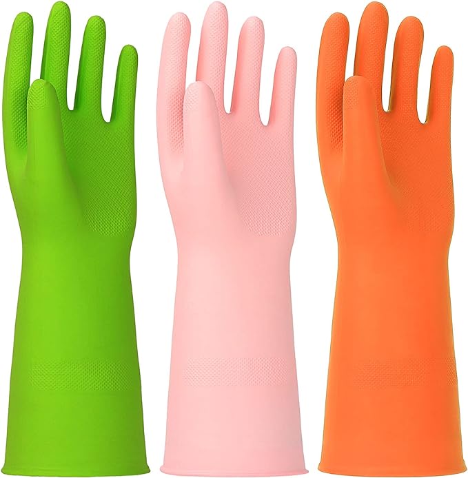 3 Pairs Rubber Cleaning Gloves Latex Free Dishwashing Gloves - 13" Reusable Nitrile Gloves Small, Green+Pink+Orange