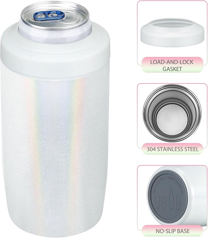 MAXSO Slim Can Cooler, 4-in-1 Double Walled Stainless Steel Insulated Beer Can Holder, Works With All 12 Oz Cans,Bottles & As A Pint Cups - Glitter White