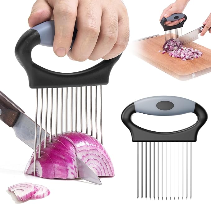 Large Onion Slicer Holder, Stainless Steel Onion Holder for Slicing with 14 Sharp Prongs for Slicing of Tomato, Avocado, Vegetable Chopper Meat Tenderizer for Fruit Prep (CarbonBlack)