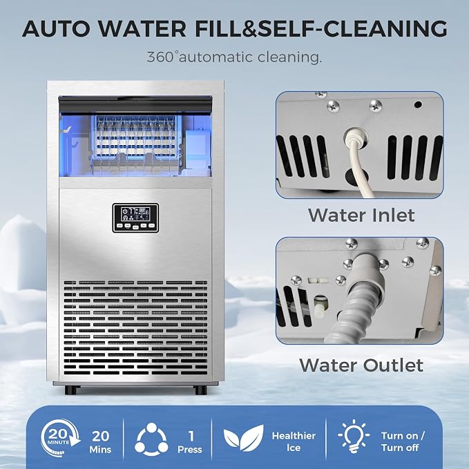 Electactic Commercial Ice Maker Machine,100lbs/24H Stainless Steel Ice Machine,29lbs Storage, Auto Self-Cleaning Freestanding Ice Maker, Ice Machine Freestanding for Bar/Cafe/Restaurant-Brushed Silver
