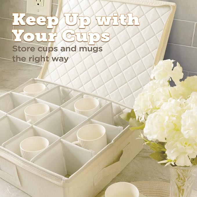storageLAB Cup & Mug Storage Case | Hard Shell Felt Dividers | Cream | Hard shell case holds 12 cups or mugs in 4x4 felt compartments. Stackable, top-load, dual handles. Cream linen finish.