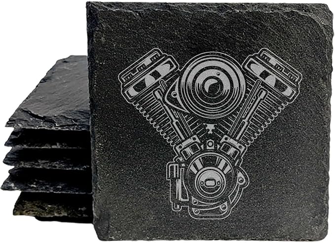 Rev Up Your Ride: V-Twin Engine Coasters for Bikers - Square Slate - Set of 5