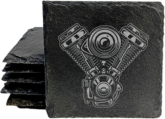 Rev Up Your Ride: V-Twin Engine Coasters for Bikers - Square Slate - Set of 5