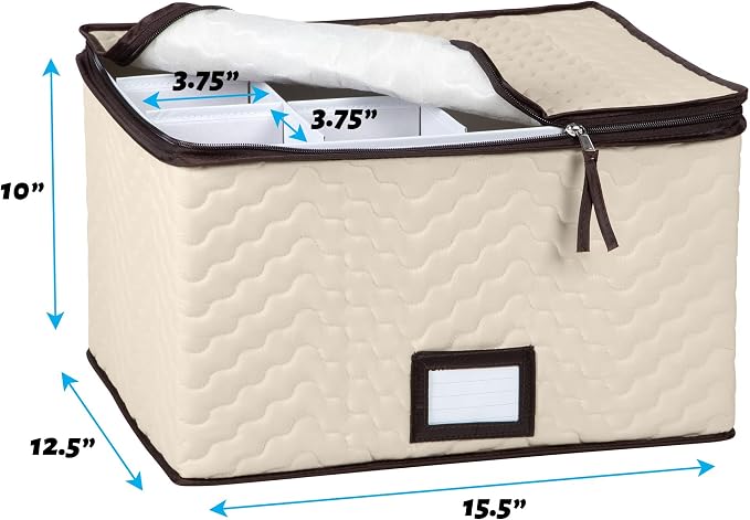 Wine Glass Storage Box with Dividers, Holds 12 Glasses up to 3.75" Wide | Stemware Storage Case, Protects Fine China, Durable Quilted Microfiber, Carry Handles, Ideal for White Wine