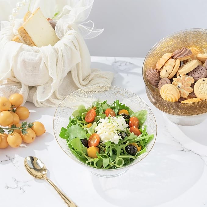 bUCLA 12 Pack Gold Glitter Plastic Serving Bowls - 20 OZ Disposable Snack, Fruit, Chip, Candy Angled Serving Bowls for Party & Thanksgiving