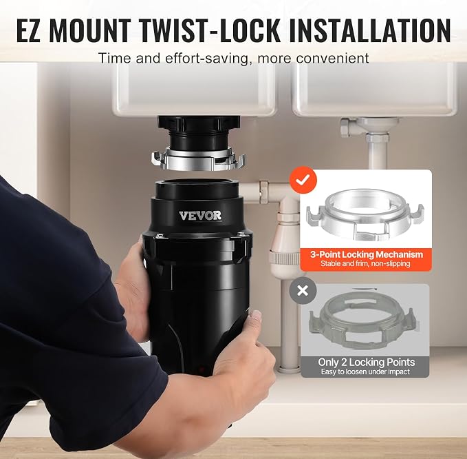 VEVOR JW-301 Garbage 1/2HP 3450RPM DC Motor, Continuous Feed Sink Disposer, EZ Connect Food Waste Grinding System with Power Cord and Splash Guard, for Kitchen, Black