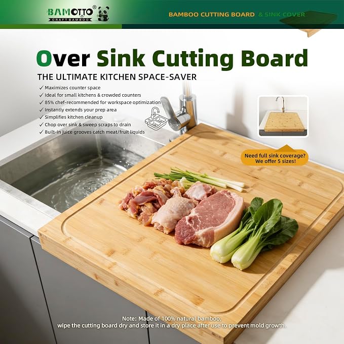 BAMOTTO CRAFTBAMBOO 18.9x22 Inch Extra Large Bamboo Cutting Board Over Sink | Non-Slip Detachable Lip | Reversible Juice Groove | Kitchen Noodle Board | RV Stovetop Cover | Turkey Carving