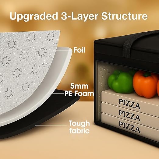Bodaon Insulated Food Delivery Bag with Hard Baseboard, XXXL, Black, 1 Pack | Heavy-Duty, Waterproof Lining, Cold/Hot Warmer for Delivery, Reusable Grocery Carrier for Pizza, Drinks, Camping, Commercial