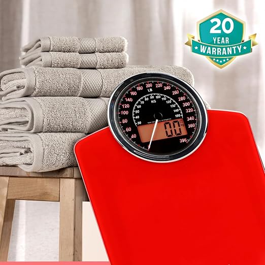 Hybrid Bathroom Scale - Analog & Digital Display, Accurate to 400 lbs | See weight on both an analog dial and digital LCD at once. Wide glass platform, 3 AAA batteries included, ready to use.