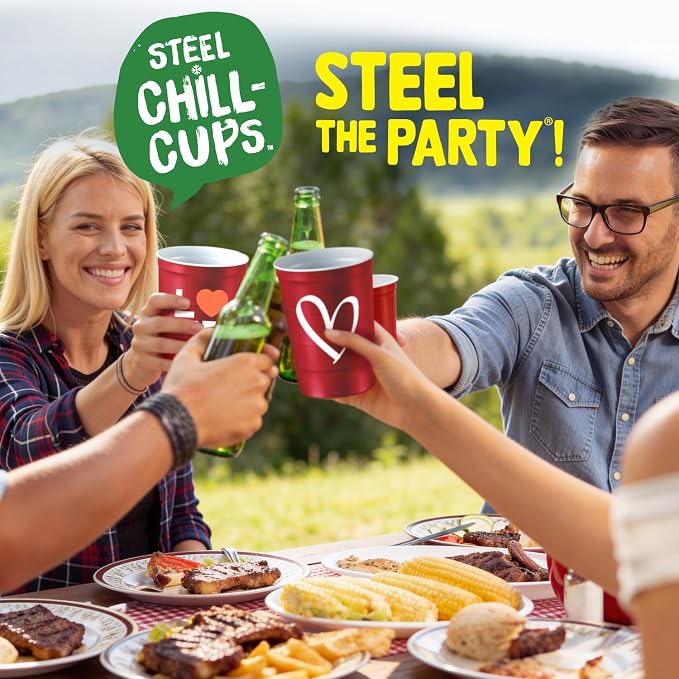 Steel Chill Cups 16 oz. Reusable Party Cups, Love & Heart Design, 12 Count | Made in USA from Steel these durable cups chill fast & keep your drink cold for longer, 100% recyclable for sustainablity