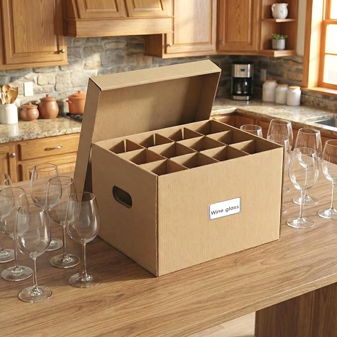 Unarty 4 Pack Wine Glass Moving Boxes with Handle, Kitchen Moving Boxes with Dividers and Lid for Dish Glassware 15 x 12 x 10 Inches