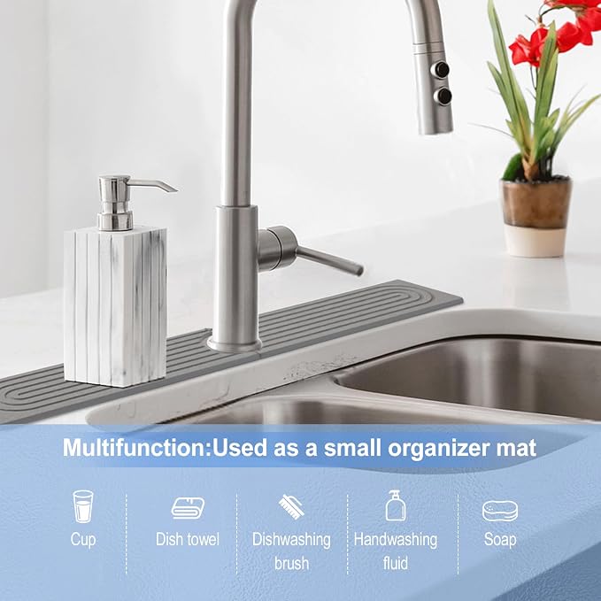 Stone Faucet Mat for Kitchen Sink, Super Absorbing, Dark Gray,15.6"x3.9" | Diatomite, Fast-Drying, Eco-Friendly, Faucet Splash Guard for Bathroom or Kitchen Counter