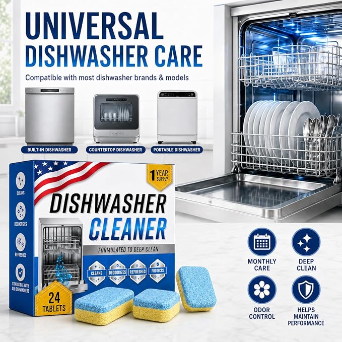 Dishwasher Cleaner Deodorizer Tablets, 24 Pack Dishwasher Cleaning Tablets Descaler Pods for Limescale, Calcium & Hard Water Stains, Lemon Dishwasher Cleaner Pods for Odor, Grease & Machine Care