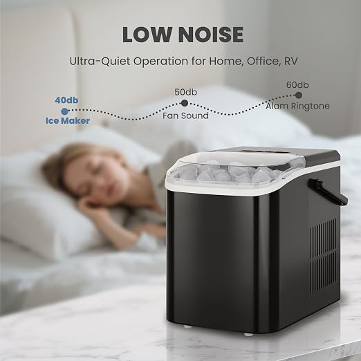 DUMOS Countertop Ice Maker with Handle, 26lbs/24H Portable Ice Machine, 9 Bullet Cubes Ready in 6 Mins, Self-Cleaning, Quiet Compact for Home, Kitchen, RV, Camping, Black