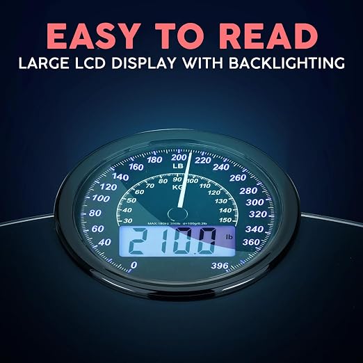 Hybrid Bathroom Scale - Analog & Digital Display, Accurate to 400 lbs | See weight on both an analog dial and digital LCD at once. Wide glass platform, accurate to 0.2 lbs, batteries included.