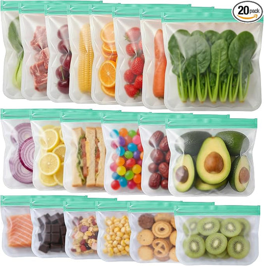 20 Pack Reusable Freezer Bags Silicone Dishwasher Safe, Leakproof Reusable Food Storage Bags BPA Free Healthy Food Storage Contaizers, Snack Sandwich Gallon Baggies for Meal Prep Lunch Travel Green
