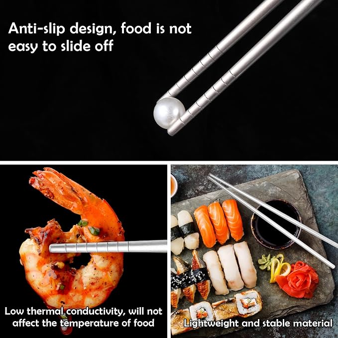 2 Pairs Titanium Chopsticks, Pure Titanium Metal Chopsticks, Ultralight and Reusable Chopstick, Durable Dishwasher Safe Eco-Friendly, for Camping Home Travel, Silver, 9 inch
