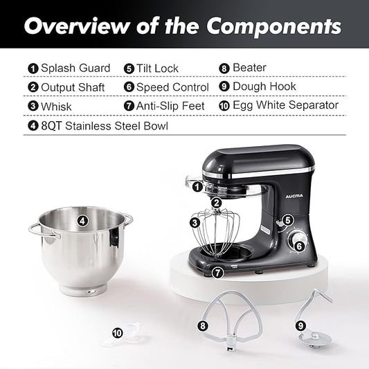 Aucma Stand Mixer, 900W 8QT Large Kitchen Mixer, Kitchen Electric Mixers with Dough Hook, Wire Whip & Beater (Black, 8QT)