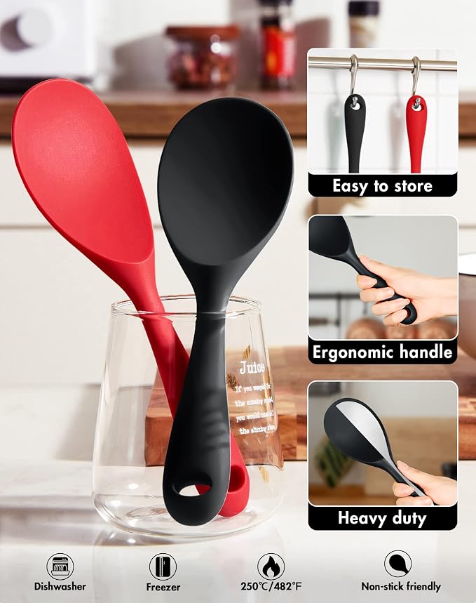 2 Pcs Silicone Rice Paddle,Non Stick Rice Spoon Scooper Spatula,Heat Resistant Rice Cooker Spoon(Black)