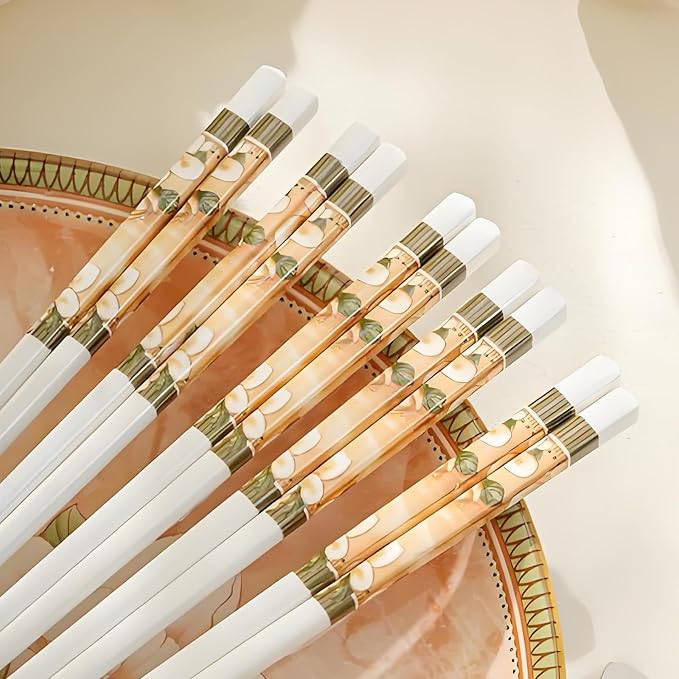 Ceramic Chopsticks Reusable,5 Pairs Porcelain Chop sticks,Camellia,9.7'' | Easy to Clean,Dishwasher Safe,Heat Resistant,with a Gift case,Cooking Chopsticks,High-grade Bone China Porcelain