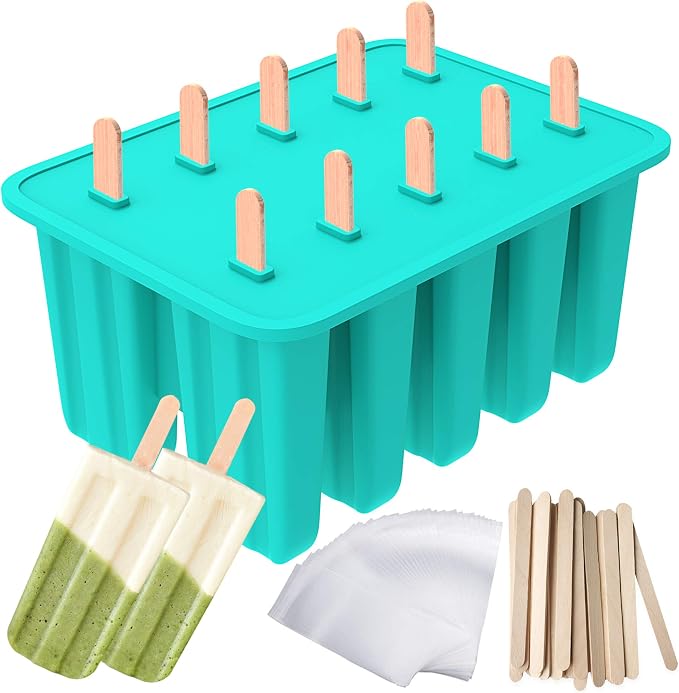 Ozera Popsicles Molds, 10-Cavity Popsicle Maker Molds Silicone Popsicle Molds, Homemade Popcical Molds Ice Pop Molds with 50 Popsicle Sticks, 50 Popsicle Bags (Green)