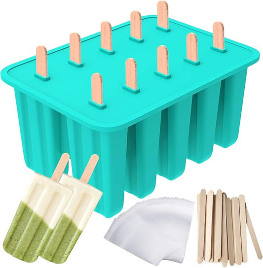Ozera Popsicles Molds, 10-Cavity Popsicle Maker Molds Silicone Popsicle Molds, Homemade Popcical Molds Ice Pop Molds with 50 Popsicle Sticks, 50 Popsicle Bags (Green)
