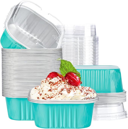EUSOAR Aluminum Foil Baking Cups with Lids, Blue 10oz 50pcs Creme Brulee Cups, Disposable Ramekins, Muffin Cups for Baking, Square Cupcake Pans, Mini Cake loaf Bread Pans