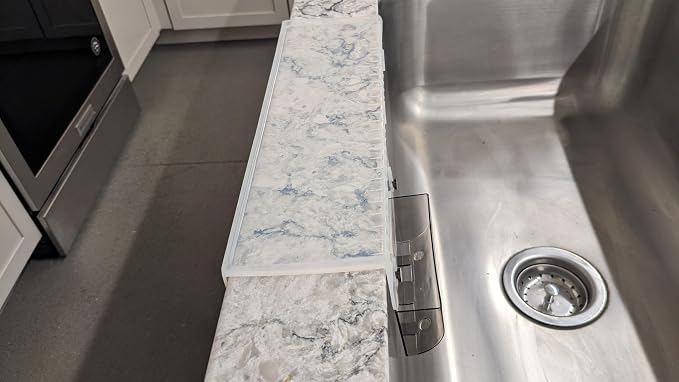 SiliProducts SiliSink Silicone Edge Guard for Kitchen Sink - Fits 3.75” - 4” Wide - The Original Silicone Sink Edge Protector with Sponge Caddy - Splash Guard, 14” Clear Diamond