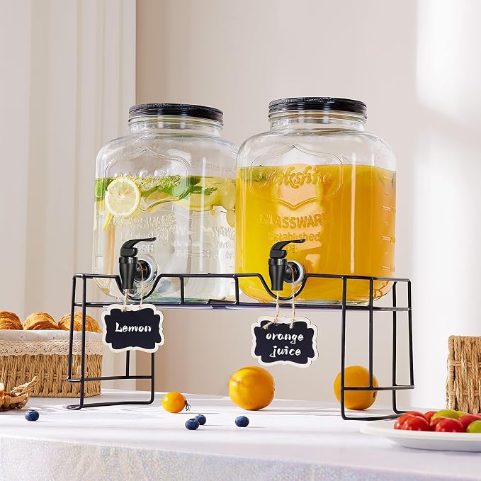 FavorFlavor 1.5 Gallon Drink Dispenser : 2P Glass Dispenser w/Metal Stand | Stainless Steel Spigot-Large Dispenser for Lemonade/Juice/Sun Tea/Drinks-Ideal for Home Gatherings&Parties