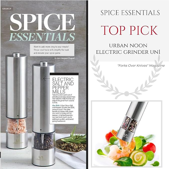 Urban Noon Electric Salt or Pepper Grinder Set (1 Mill, 8.1" Tall) - One-Handed Push-Button Mills with LED Light, Adjustable Ceramic Coarseness, Gift-Ready Box, 1-Year Warranty - Black