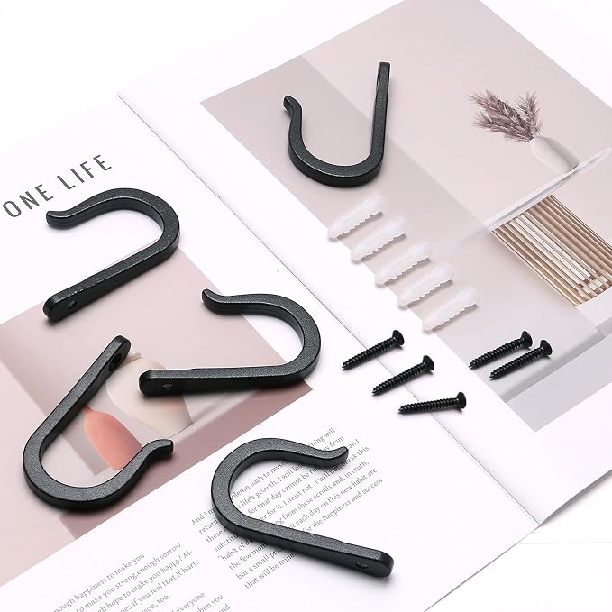 5 Pack Heavy Duty Wall Hooks, Decorative Coat Hooks, Hooks for Hanging Cast Iron Skillets, as Well as Backpacks, Coats, etc, Multi-Layer Electroplated, Indoor and Outdoor Use(Black)