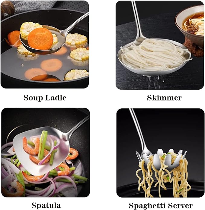 Stainless Steel Kitchen Cooking Utensils Set 6 PCS Dishwasher Safe | Food-grade 304, All Metal, 12-13.6", Wok Spatula, Ladle, Skimmer, Slotted Spatula Turner, Spaghetti Spoon, Large Spoon