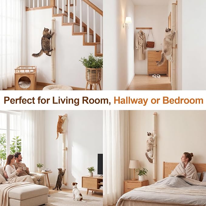 84" Tall Wall Mounted Cat Scratcher Post, Cat Wall Shelves Furniture, 6 Pcs 14 Inch Sisal Climbing Poles with 5 Brackets, Kitten Modular Scratch Tower, Space Saving Pet Supplies