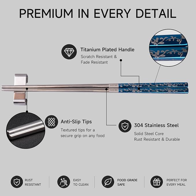 JEETEE Metal Chopsticks, 2 Pairs Stainless Steel with Holder | Titanium Coated, Anti-Slip Design, Reusable,Dishwasher Safe, for Sushi, for Ramen, for Camping, for Party