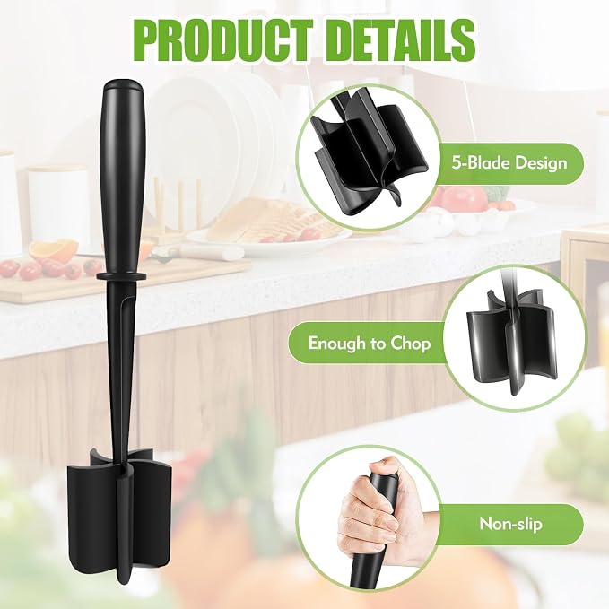 5 Curved Blades Meat Chopper for Ground Beef Hamburger Turkey | Heat-Resistant Ground Beef Masher, Mix and Chop Meat Chopper, Non-Slip and Ergonomic Meat Masher