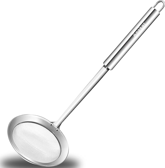 Anaeat 5.5" Stainless Steel Fat Skimmer Spoon - Professional Kitchen Fine Mesh Food Strainer and Hot Pot Skimmer with Long Handle for Skimming, Cooking, Frying, Grease, Gravy and Foam