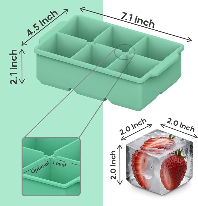 KitchFort® Large Silicone Ice Cube Tray (3-Pack), Easy Release 2" Big Ice Cubes - Cocktail, Whiskey Ice Cubes Mold - Ice Trays for Freezer with Lid - Stackable Silicone Ice Tray - Green