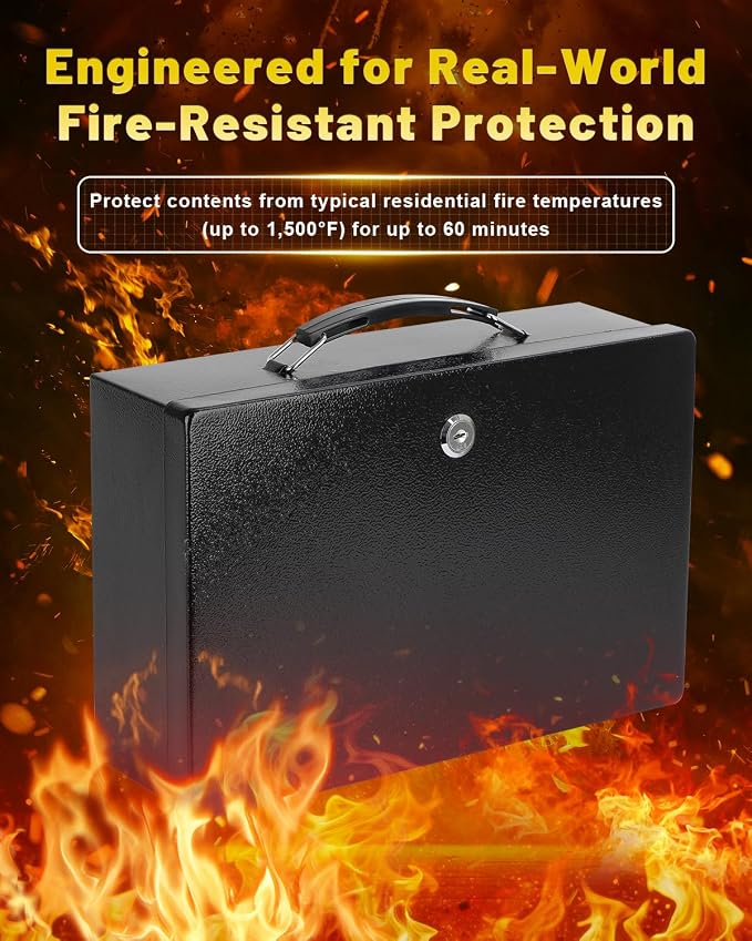KYODOLED Fireproof Document Box with Key Lock, Small Lock Boxes for Personal Items, Fire and Water Resistance, Fireproof Safe Box for Documents, Jewelry, Passport, Cash, 12.6'' x 8.3'' x 3.58'' Black