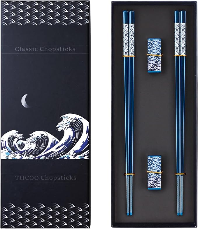 Reusable Titanium Plated Stainless Steel Chopsticks with Holder, Dishwasher Safe Lightweight Japanese Style Chopsticks Gift Set (Blue)