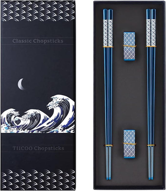 Reusable Titanium Plated Stainless Steel Chopsticks with Holder, Dishwasher Safe Lightweight Japanese Style Chopsticks Gift Set (Blue)