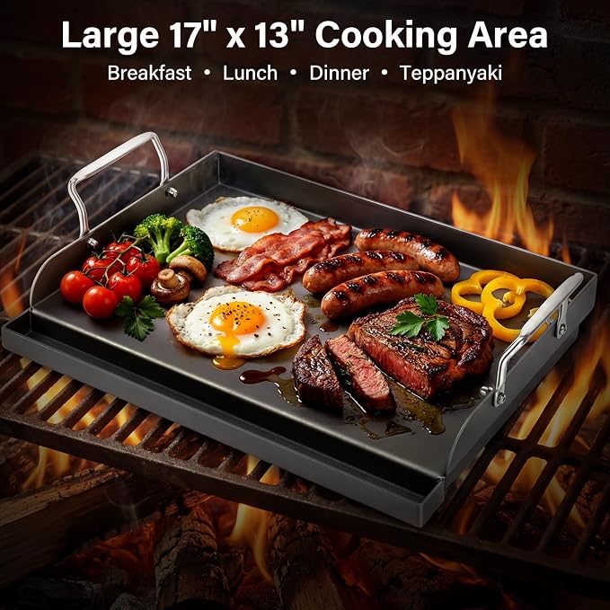 17" x 13" Cast Iron Flat Top Griddle - Oil Coating Non-Toxic - Universal Grill Insert with High Sidewalls, Fits Gas/Charcoal/Electric Grills (Weber, Charbroil, Nexgrill, More)