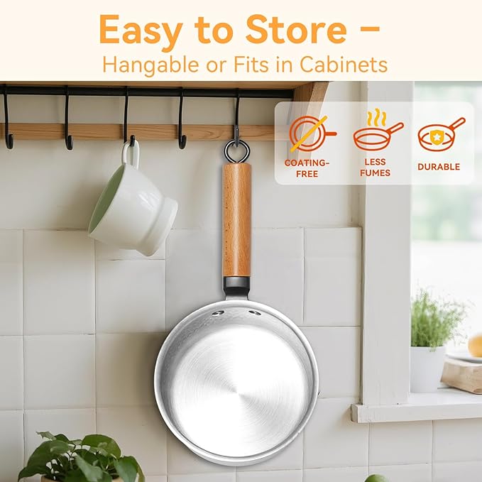 WANGYUANJI 1.8-Quart Stainless Steel Saucepan with Lid, Coating-Free Small Soup Pot, Hammered Finish, Induction Compatible, Tempered Glass Lid, Cool-Touch Wood Handle